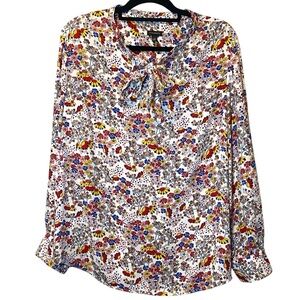 Talbots Floral Blouse Women’s XL Retro Multicolor Tie Neck Long Sleeve Shirt